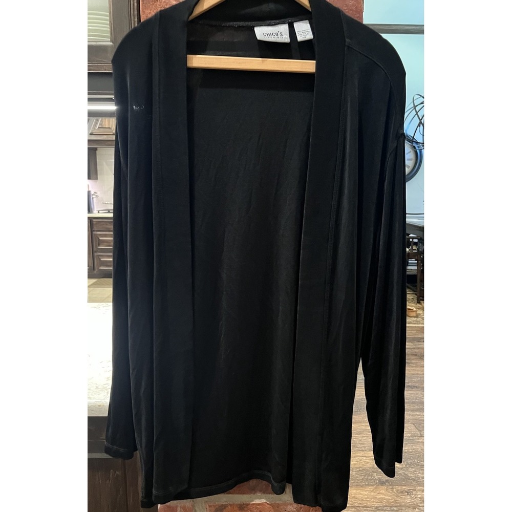 Chico's Travelers Black Solid Open Front Acetate Cardigan Sweater Sz 1